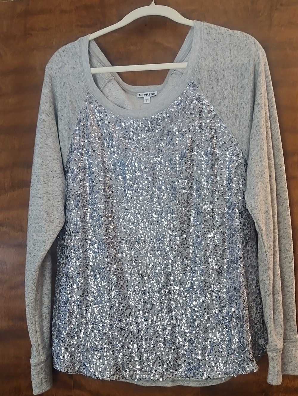 Express Silver Sequin Raglan Pullover Sweatshirt